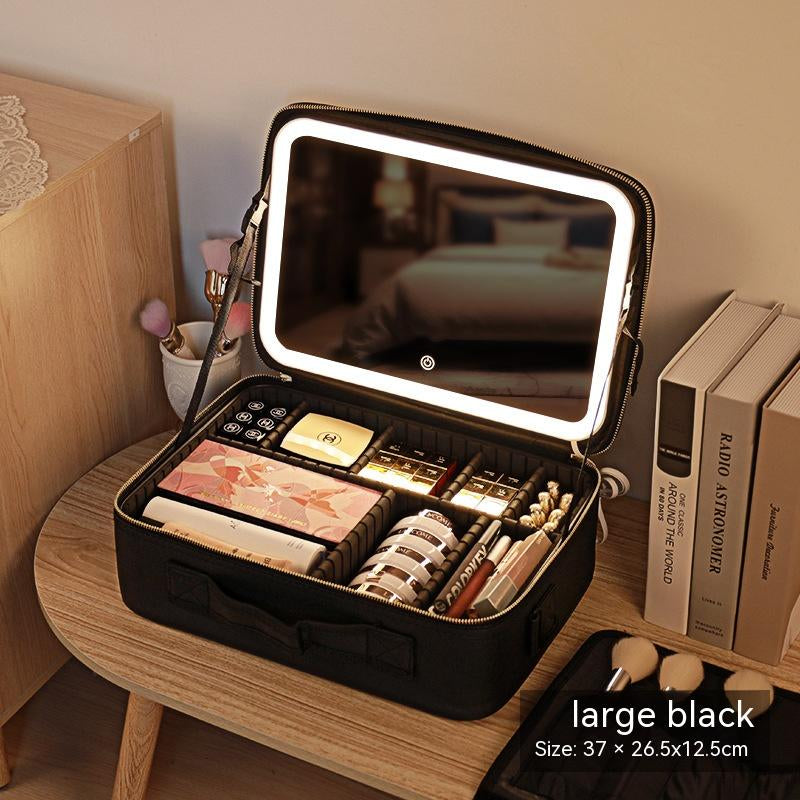 Illuminated Makeup Case with Reflective Surface and Beauty Organizer