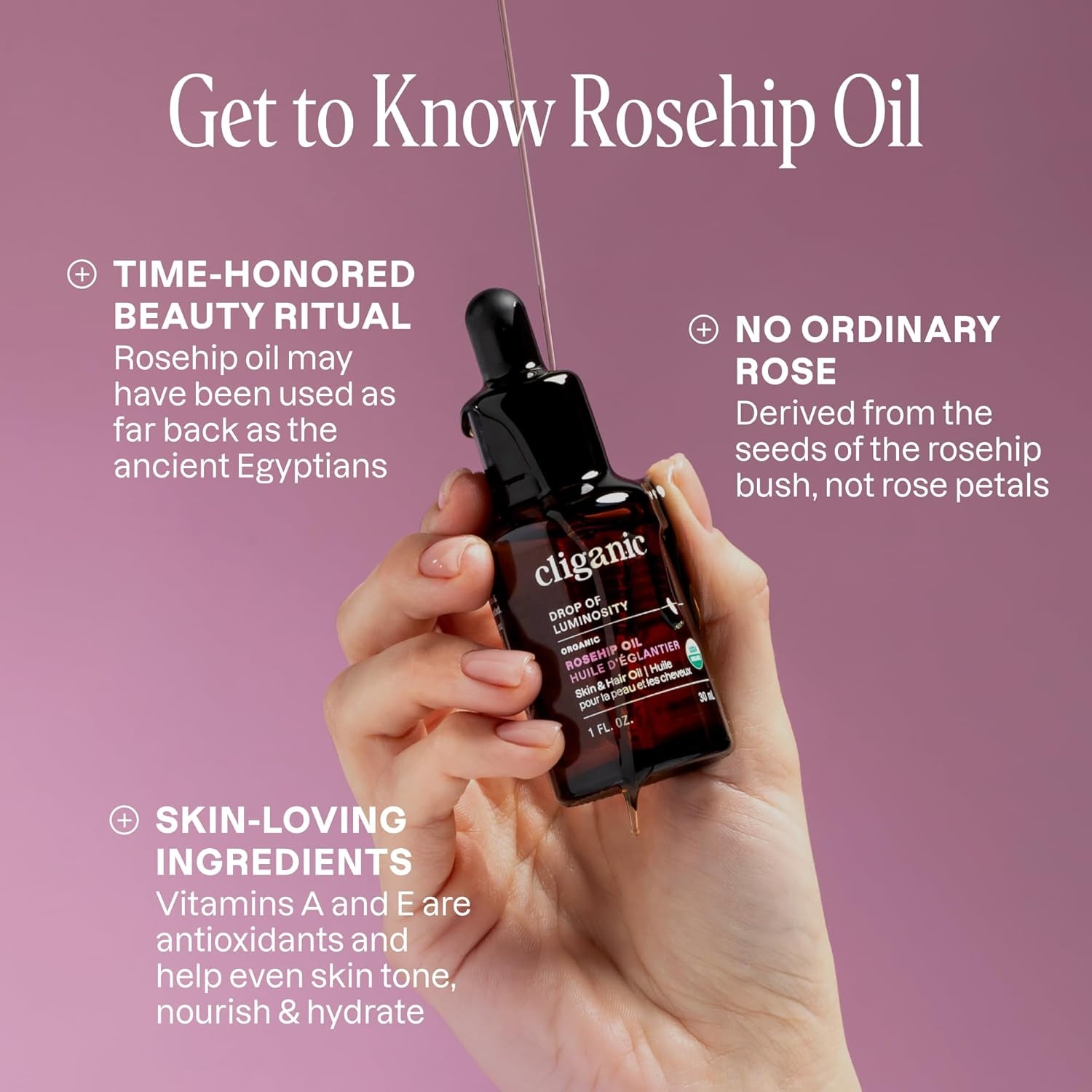 Organic Rosehip Seed Oil for Face, 100% Pure | Natural Cold Pressed Unrefined Non-Gmo | Carrier Oil for Skin, Hair & Nails