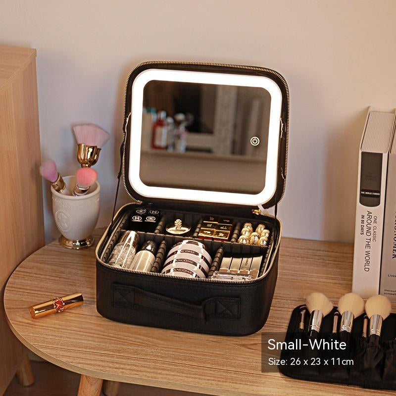 Illuminated Makeup Case with Reflective Surface and Beauty Organizer