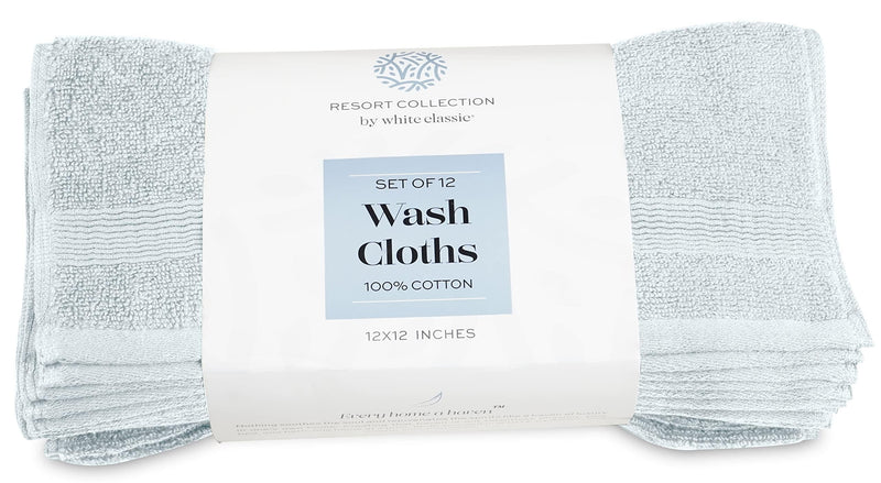 Resort Collection Soft Washcloth Face Body Towel Set 12 Pack 12X12 in Light Blue